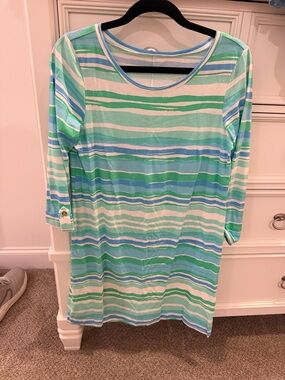 Lilly Pulitzer Striped Midi Dress in Mint Green, Light Blue, White